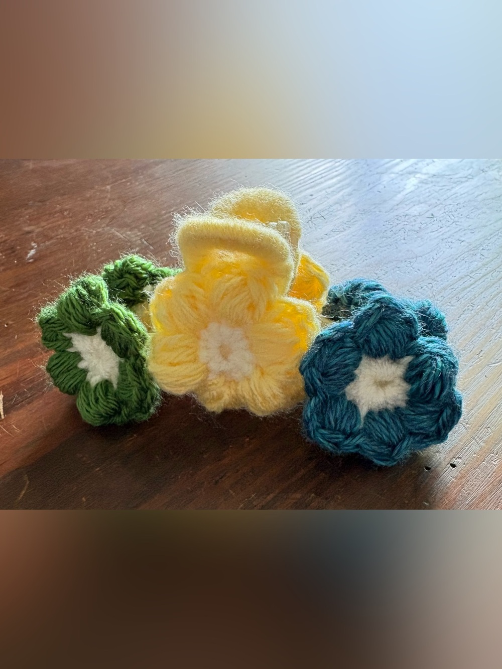 Handmade Crochet Floral Hair Clip, Yellow, Green, Blue, and White